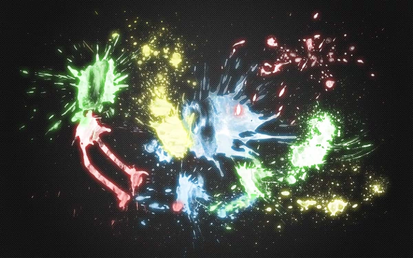 Abstract HD desktop wallpaper featuring vibrant splashes of glowing colors, including green, red, yellow, and blue, against a dark background.