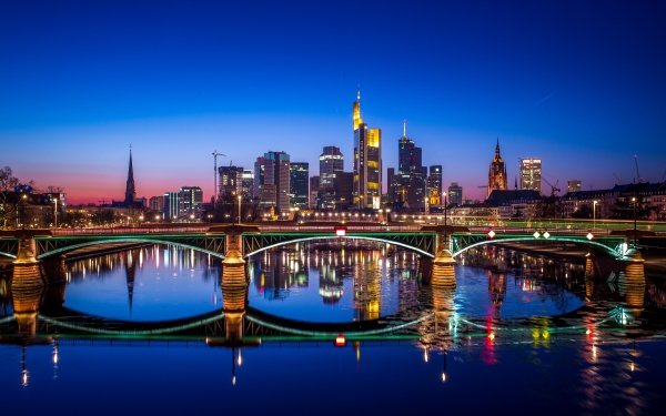 Man Made Frankfurt Cities Germany City Night Bridge Reflection Building Light Skyscraper River HD Wallpaper | Background Image