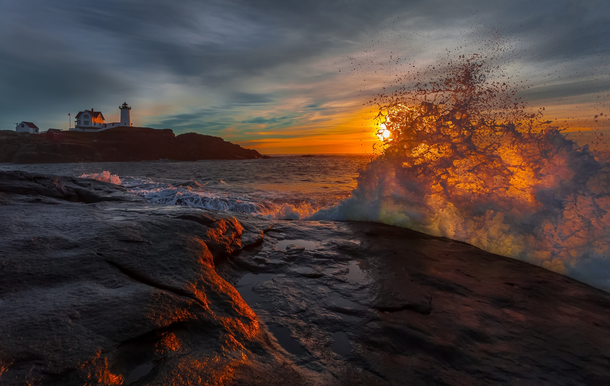 Download Sunset Lighthouse Splash Sea Ocean Nature Wave HD Wallpaper