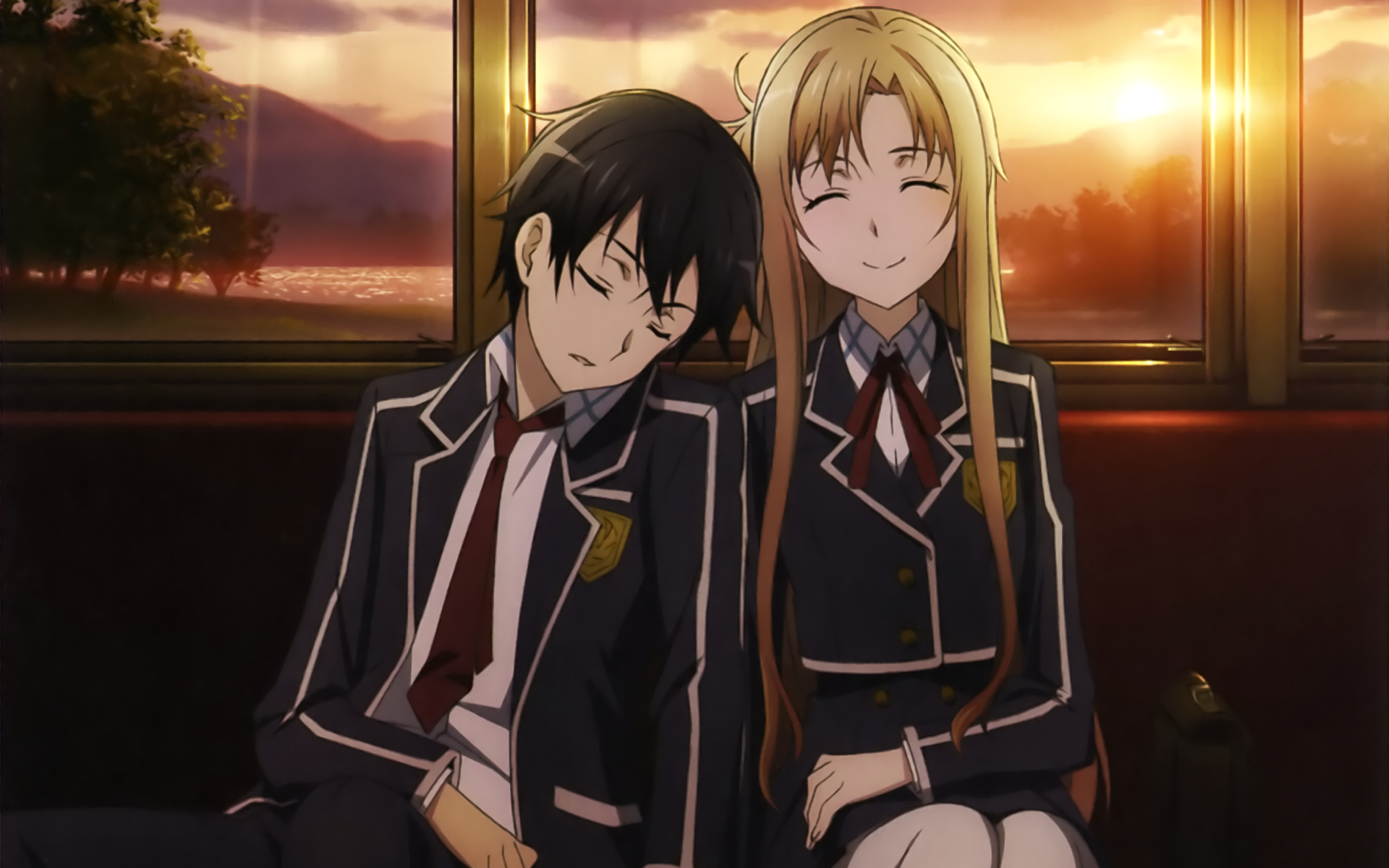 Anime HD PC wallpaper from Sword Art Online featuring two characters in school uniforms sitting closely together with a warm sunset background.