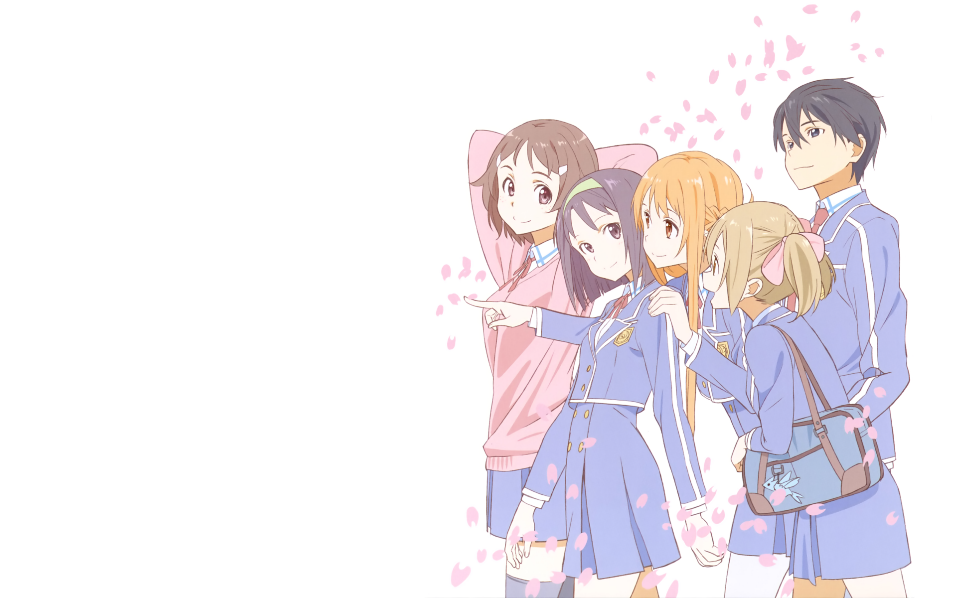 Anime-style Sword Art Online characters stand together amid falling cherry blossoms in this vibrant 4K Ultra HD PC desktop wallpaper and background.