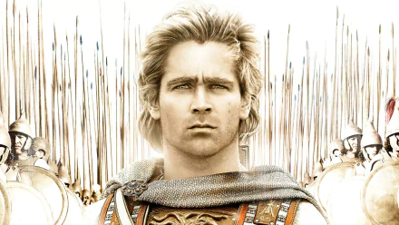 HD PC desktop wallpaper: cinematic close-up of Alexander from the movie — armored young warrior with windswept hair and stern gaze, rows of spears and soldiers forming the background.
