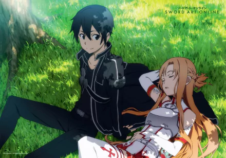 HD PC desktop wallpaper featuring anime characters Kirito and Asuna from Sword Art Online relaxing on grass in a sunlit forest setting.