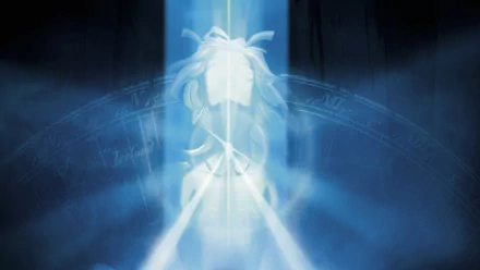 Atlantean princess Kida silhouetted in radiant blue energy with glowing glyphs—HD PC desktop wallpaper background from the movie Atlantis: The Lost Empire.