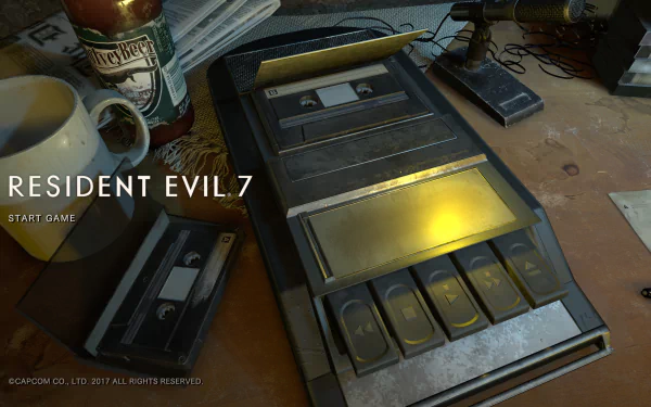 4K Ultra HD PC wallpaper featuring a detailed close-up of a cassette recorder from the video game Resident Evil 7: Biohazard, capturing its eerie atmosphere.
