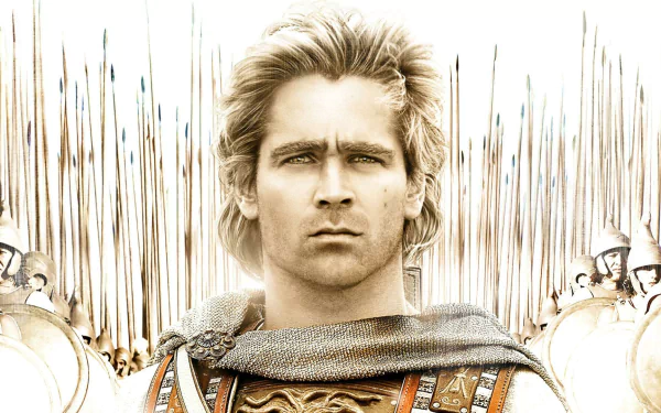 HD PC desktop wallpaper: cinematic close-up of Alexander from the movie — armored young warrior with windswept hair and stern gaze, rows of spears and soldiers forming the background.