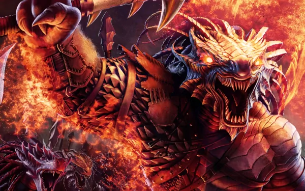 A fierce dark warrior roars amidst flames, showcasing intricate armor and a powerful weapon. This HD wallpaper captures a dynamic and intense fantasy scene.