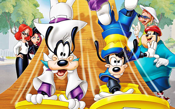 HD PC desktop wallpaper from the movie An Extremely Goofy Movie: Max Goof and Goofy race down a wooden ramp on yellow boards as cheering onlookers watch.