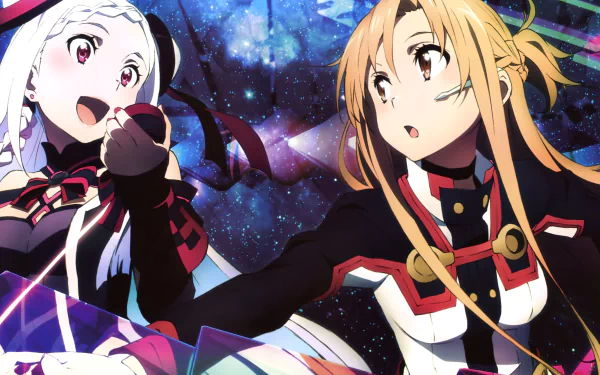 HD desktop wallpaper featuring Yuna and Asuna Yuuki from Sword Art Online: Ordinal Scale. An anime background showcasing characters from the Sword Art Online movie in a vibrant, colorful space-themed setting.
