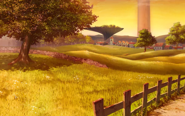 Anime-style Sword Art Online HD desktop wallpaper depicting a serene countryside with golden fields, trees, and distant village structures under a warm sunset sky.