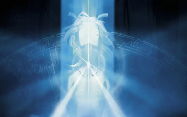 Atlantean princess Kida silhouetted in radiant blue energy with glowing glyphs—HD PC desktop wallpaper background from the movie Atlantis: The Lost Empire.