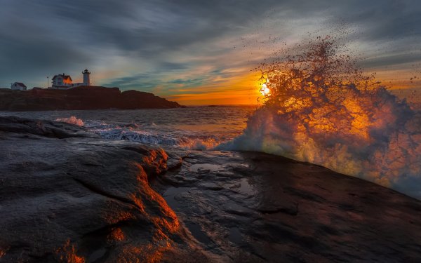 Earth Wave Ocean Sea Splash Lighthouse Sunset HD Wallpaper | Background Image
