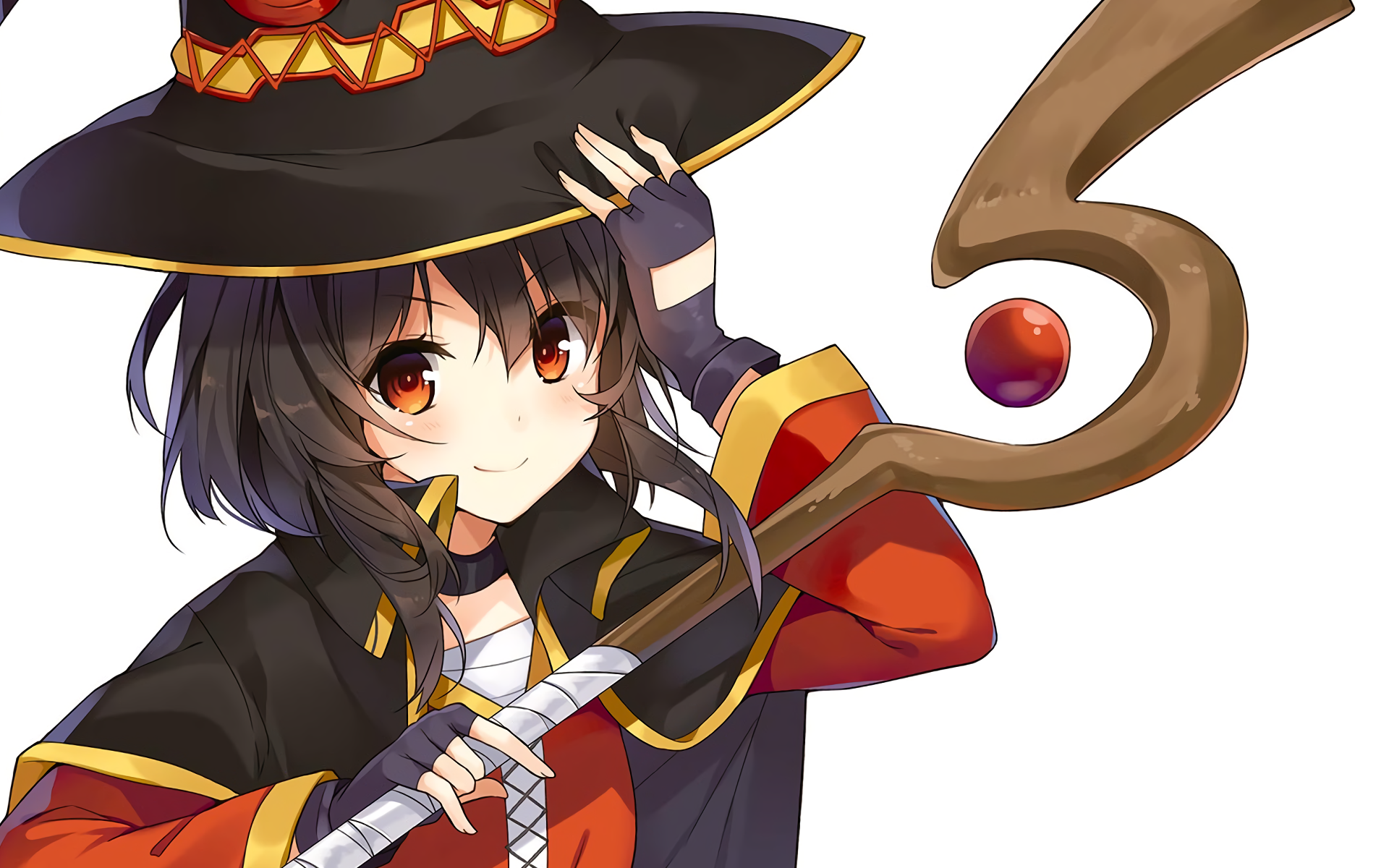 HD desktop wallpaper featuring Megumin from the anime KonoSuba - God's Blessing on This Wonderful World!! Megumin is depicted in her signature outfit, holding her staff with a confident expression.