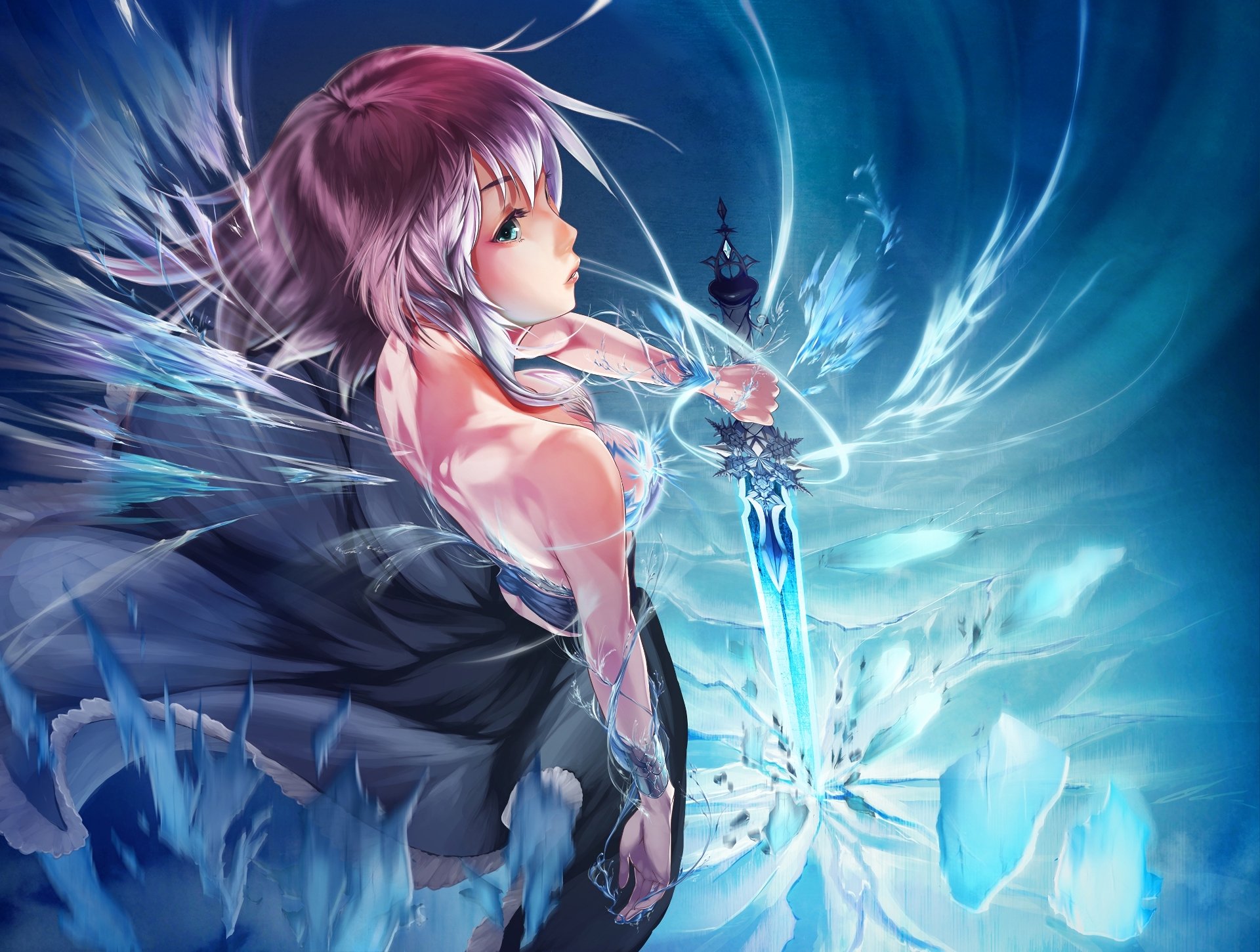 Anime-style original HD desktop wallpaper featuring a character with silver hair holding a glowing sword amidst swirling blue and white energy effects.