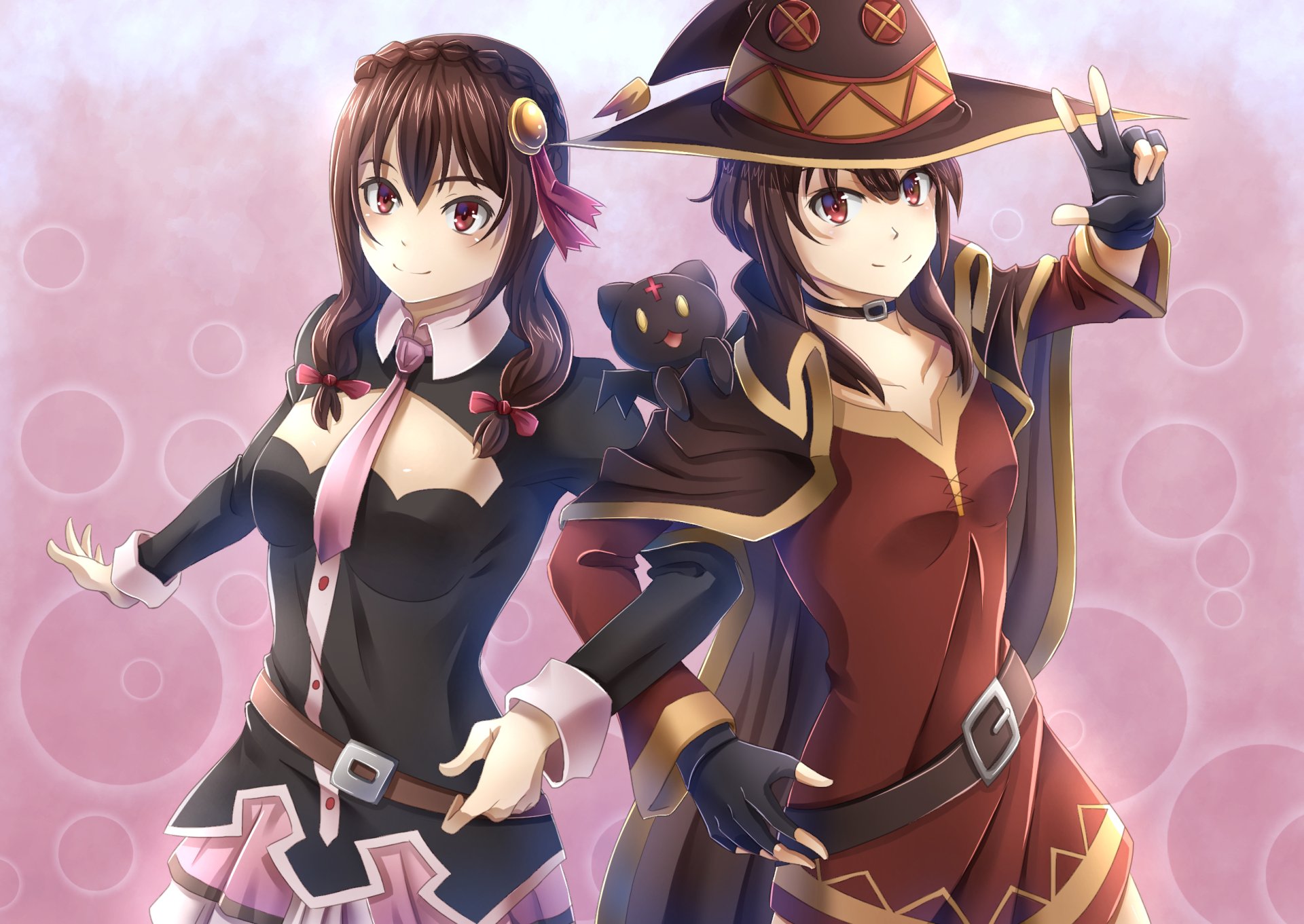 HD PC desktop wallpaper featuring anime characters Megumin and Yunyun from KonoSuba — God’s blessing on this wonderful world!!, posed side-by-side in signature outfits on a pink backdrop.