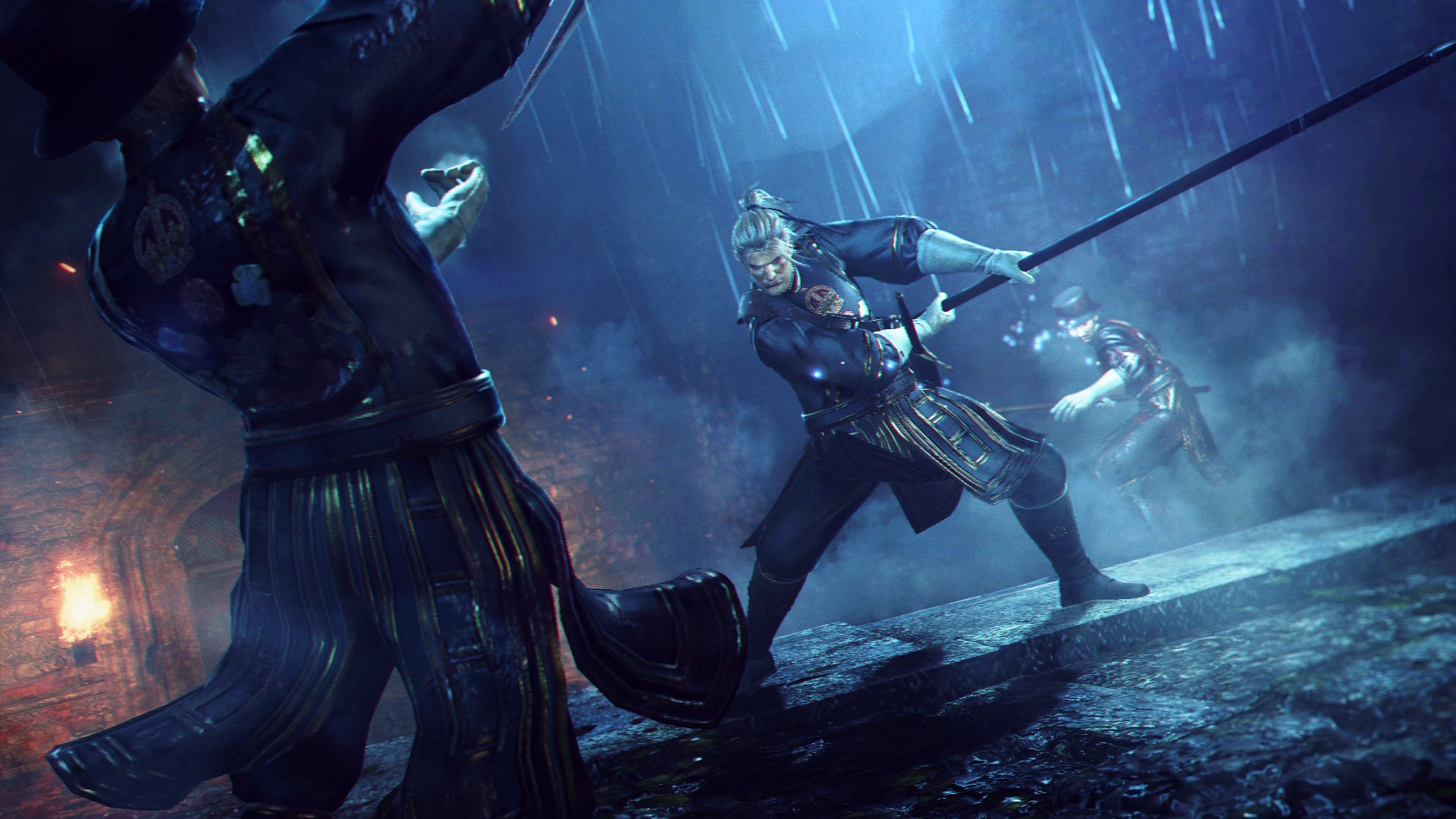 HD PC desktop wallpaper from the video game Nioh, featuring intense samurai combat in a rain-soaked, dark, atmospheric setting.
