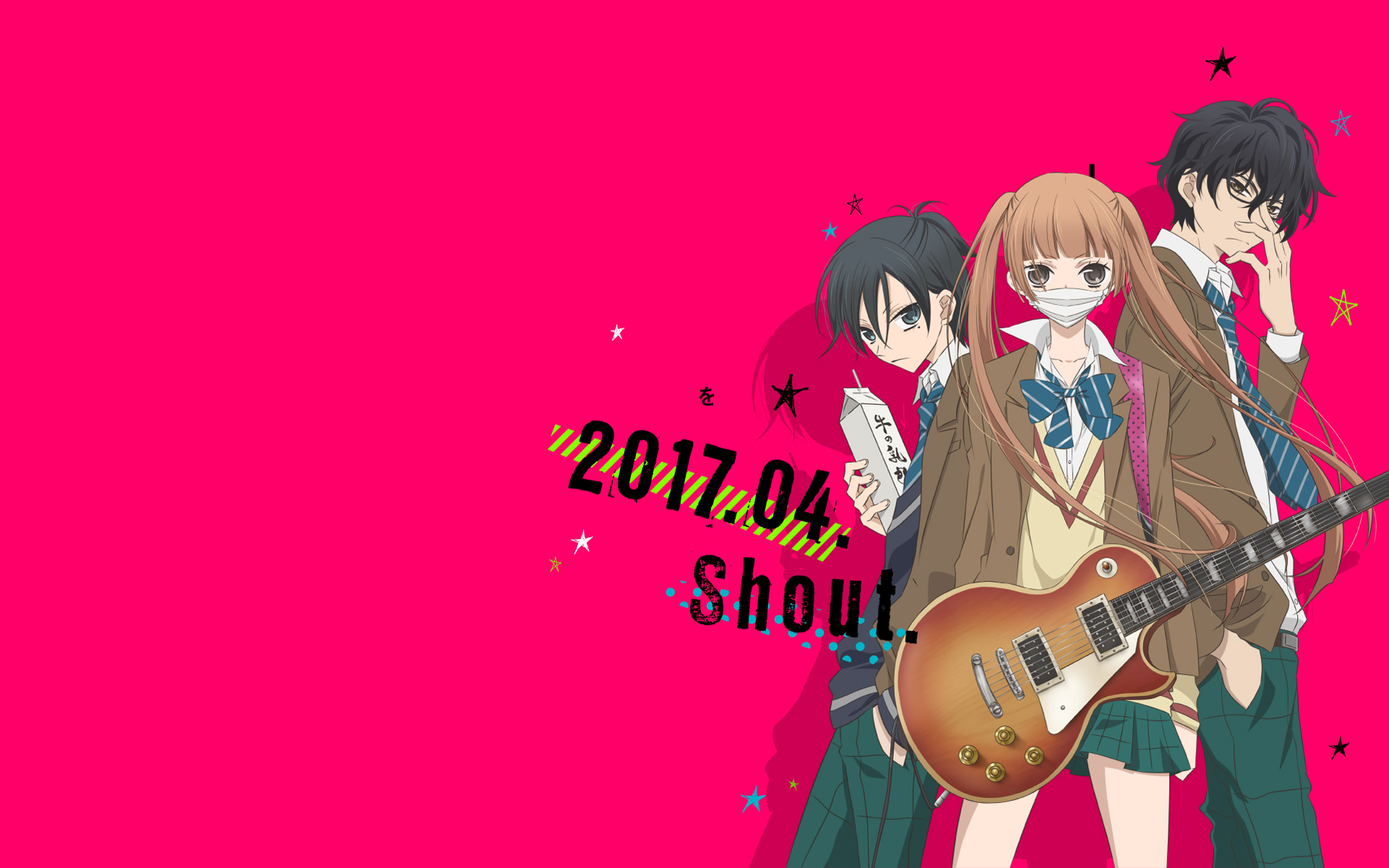 HD desktop wallpaper of Momo Sakaki, Kanade Yuzuriha, and Nino Arisugawa from the anime 'Fukumenkei Noise', featuring a vibrant pink background with the text 2017.04 Shout.