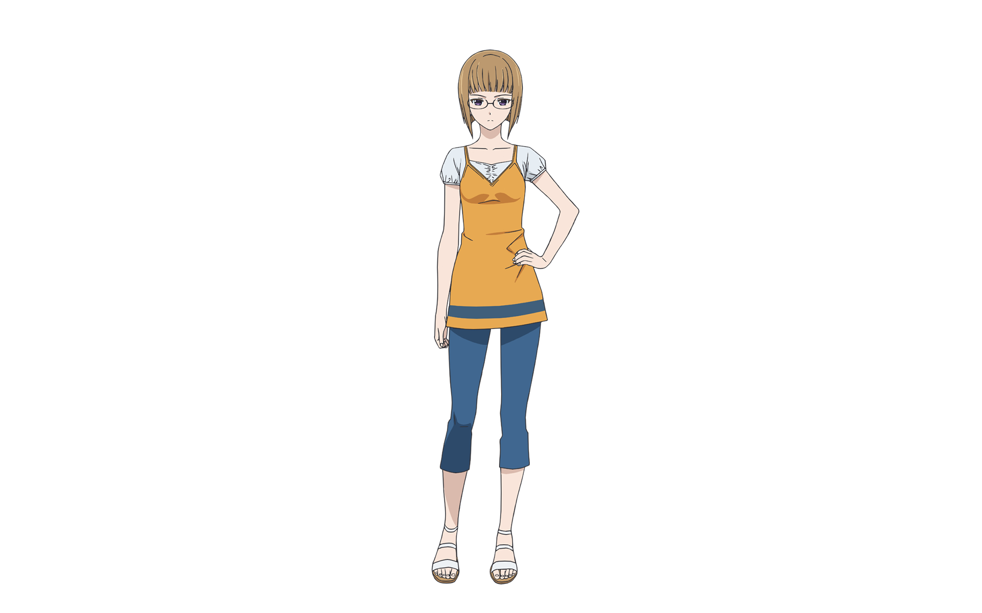 Youka Murase from Sakurada Reset — anime character with glasses, short blond hair, orange tunic, blue capri pants and sandals on white background; HD PC desktop wallpaper.