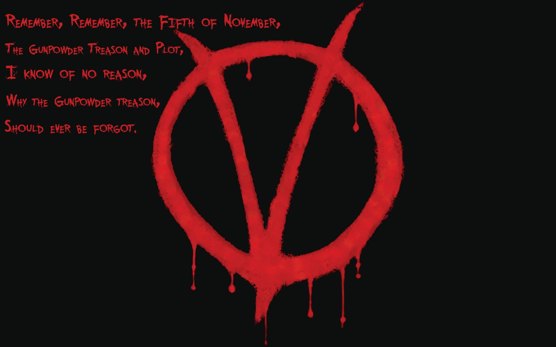 HD PC desktop wallpaper featuring a red dripping V symbol and a quote from the movie V for Vendetta on a black background.