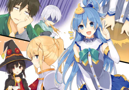 A HD wallpaper featuring characters from the anime KonoSuba - God's Blessing on This Wonderful World!!, including Kazuma Satou, Aqua, Megumin, and Darkness in various fun and expressive poses.