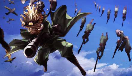 HD desktop wallpaper featuring Tanya Degurechaff from the anime Youjo Senki, depicted in an intense aerial battle against a blue sky covered with clouds.