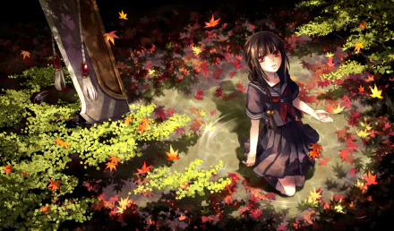 Anime original HD PC desktop wallpaper: a dark-haired schoolgirl kneels among red and yellow maple leaves in dappled sunlight, a tall figure's cloak visible at the image edge.