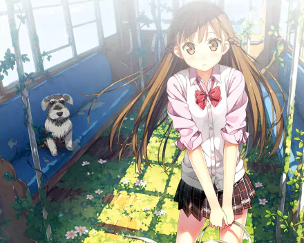 Anime scene from 5 Nenme no Houkago featuring a girl with long hair and a dog in an abandoned, overgrown bus, used as an HD desktop wallpaper and background.