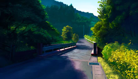 HD anime-style desktop wallpaper depicting a quiet road winding through lush green forest under a bright sky.