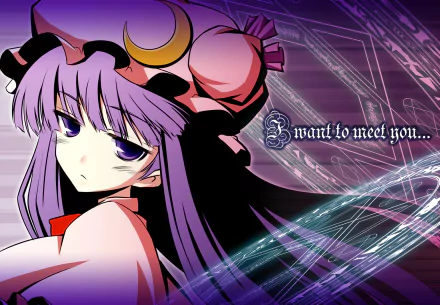 HD PC wallpaper of Patchouli Knowledge (Touhou): purple‑haired anime mage in a frilled hat with a crescent moon, surrounded by purple magic swirls and the text I want to meet you...