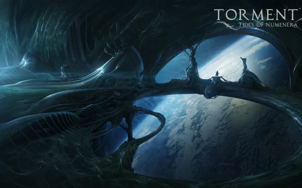 HD wallpaper of Torment: Tides of Numenera featuring a futuristic cavernous landscape with a view of a planet.