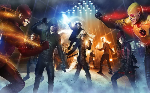 HD desktop wallpaper featuring Reverse-Flash, Captain Cold, Firestorm, Black Canary, Flash, and Green Arrow from the TV show Arrow. Intense action scene with characters in dynamic poses and vivid colors.