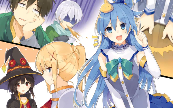 A HD wallpaper featuring characters from the anime KonoSuba - God's Blessing on This Wonderful World!!, including Kazuma Satou, Aqua, Megumin, and Darkness in various fun and expressive poses.