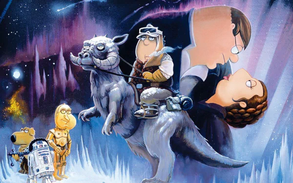 HD PC desktop wallpaper showing Family Guy TV show characters in a Star Wars parody: Peter and crew atop a tauntaun-like creature with cartoon droids against an icy, starry backdrop.