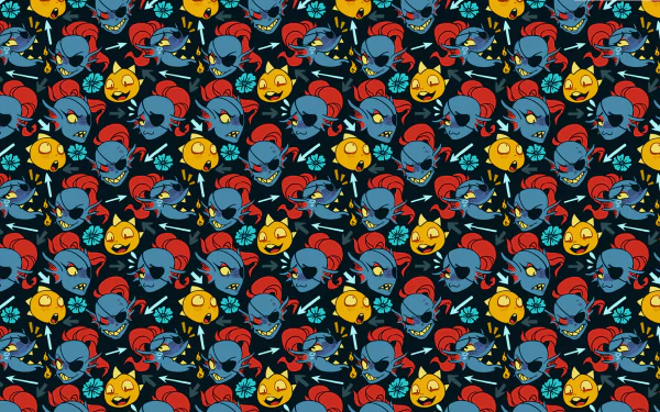 A vibrant HD desktop wallpaper featuring a repeating pattern of Monster Kid and Undyne from the video game Undertale. The characters are depicted in dynamic poses against a dark background.