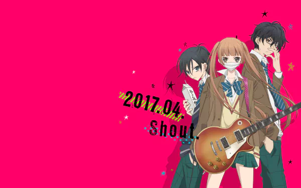 HD desktop wallpaper of Momo Sakaki, Kanade Yuzuriha, and Nino Arisugawa from the anime 'Fukumenkei Noise', featuring a vibrant pink background with the text 2017.04 Shout.
