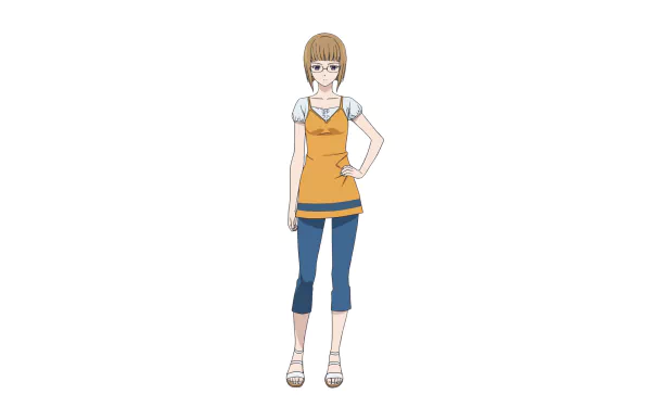 Youka Murase from Sakurada Reset — anime character with glasses, short blond hair, orange tunic, blue capri pants and sandals on white background; HD PC desktop wallpaper.