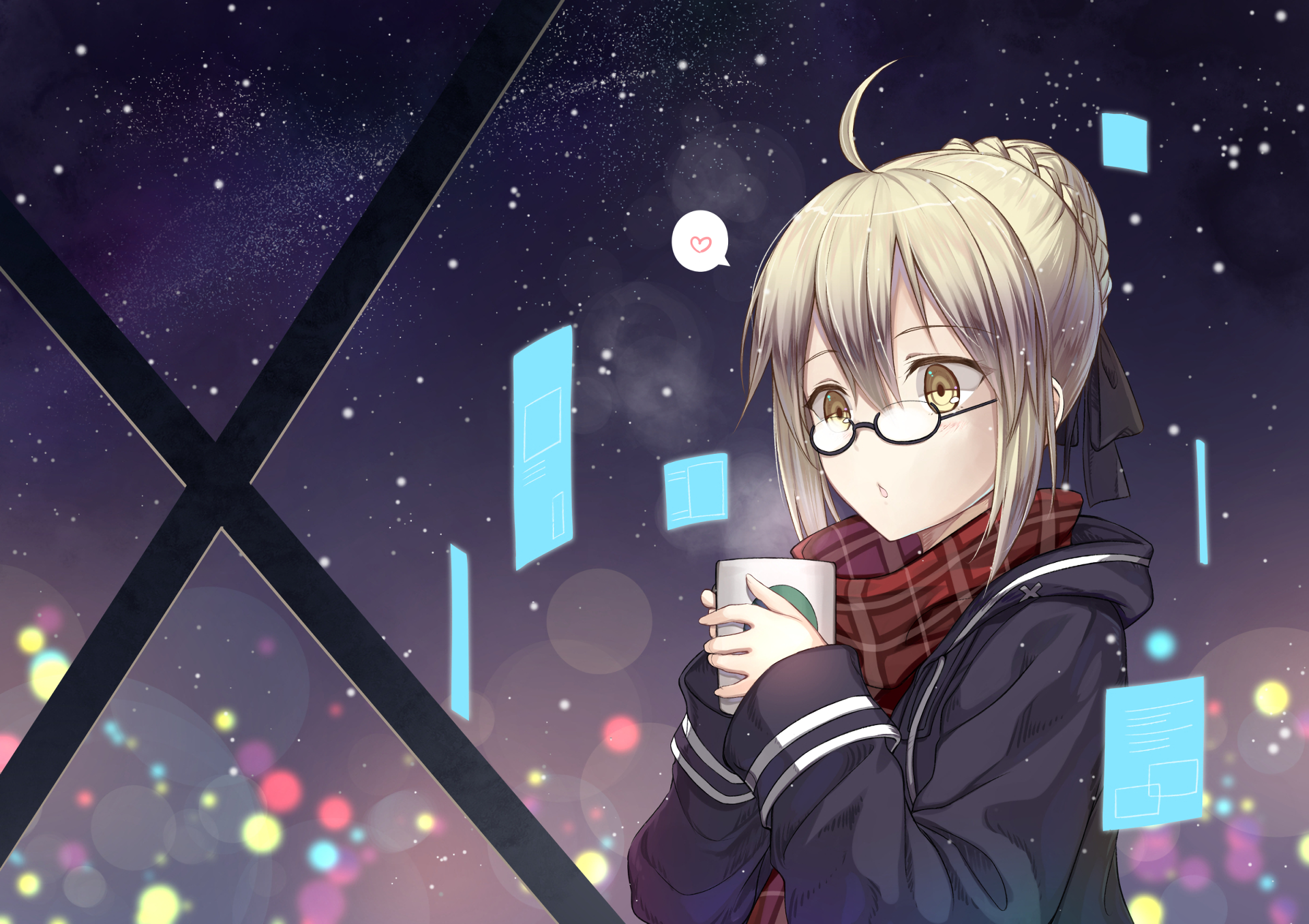 HD desktop wallpaper featuring Heroine X, a character from Fate/Grand Order, dressed warmly with glasses and a mug. Vibrant, starry backdrop with glowing orbs and floating screens enhances the anime aesthetic.