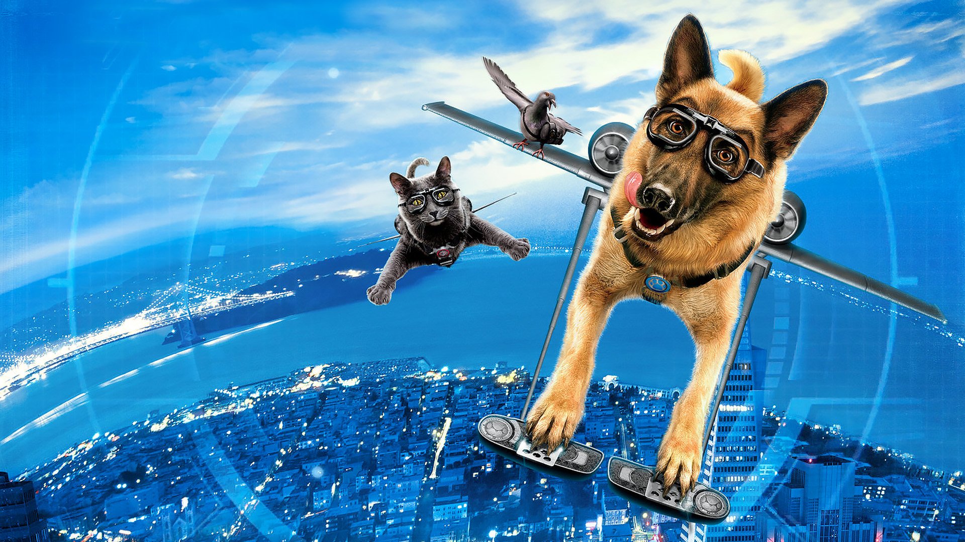 HD PC desktop wallpaper from the movie Cats & Dogs: The Revenge of Kitty Galore — a goggled German Shepherd on a flying skateboard, cat and pigeon soaring over a city.