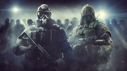 4K Ultra HD PC desktop wallpaper featuring two heavily armed operators from the video game Tom Clancy's Rainbow Six: Siege in a smoky, intense atmosphere.