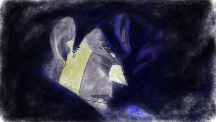 HD PC desktop wallpaper of Jotaro Kujo from JoJo's Bizarre Adventure — anime close-up profile rendered in moody blue-black painterly tones with dramatic shadows.