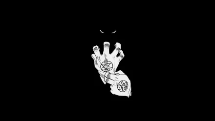 HD desktop wallpaper featuring Roy Mustang from Fullmetal Alchemist, showcasing his hands with alchemical symbols against a dark background, emphasizing a mysterious and intense atmosphere.