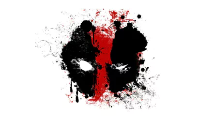 Stylized splattered-ink Deadpool mask in black and red, high-contrast HD PC desktop wallpaper/background themed to the Merc with a Mouth movie.