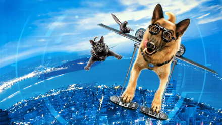 HD PC desktop wallpaper from the movie Cats & Dogs: The Revenge of Kitty Galore — a goggled German Shepherd on a flying skateboard, cat and pigeon soaring over a city.