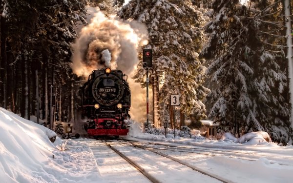 Vehicles Train Locomotive Winter Smoke Snow HD Wallpaper | Background Image