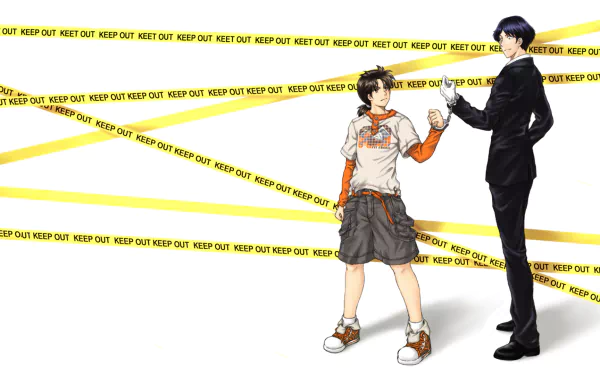 HD desktop wallpaper featuring Youichi Takatoo and Hajime Kindaichi from the anime The Kindaichi Case Files with yellow KEEP OUT tape in the background.