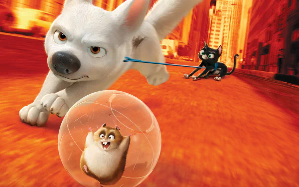 HD PC desktop wallpaper featuring characters Bolt, Rhino, and Mittens from the movie Bolt in an action-packed, vibrant orange city scene.