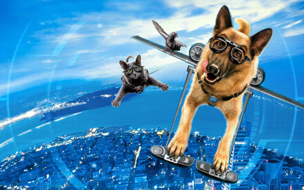 HD PC desktop wallpaper from the movie Cats & Dogs: The Revenge of Kitty Galore — a goggled German Shepherd on a flying skateboard, cat and pigeon soaring over a city.