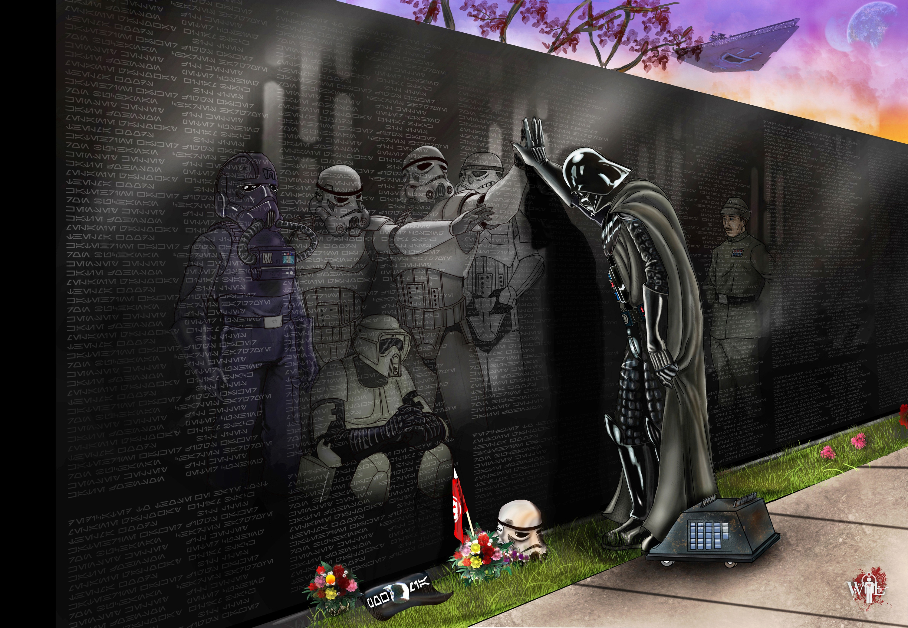 Darth Vader and stormtrooper in a memorial scene