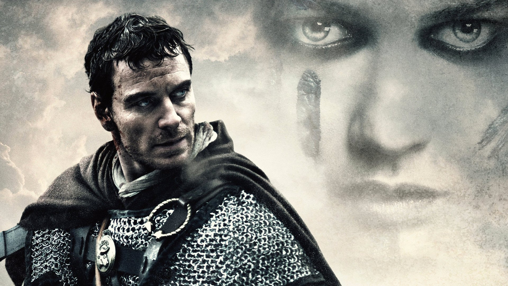 HD PC desktop wallpaper for the movie Centurion: battle-worn Roman centurion in chainmail and cloak with a ghostly female face looming in the stormy background.