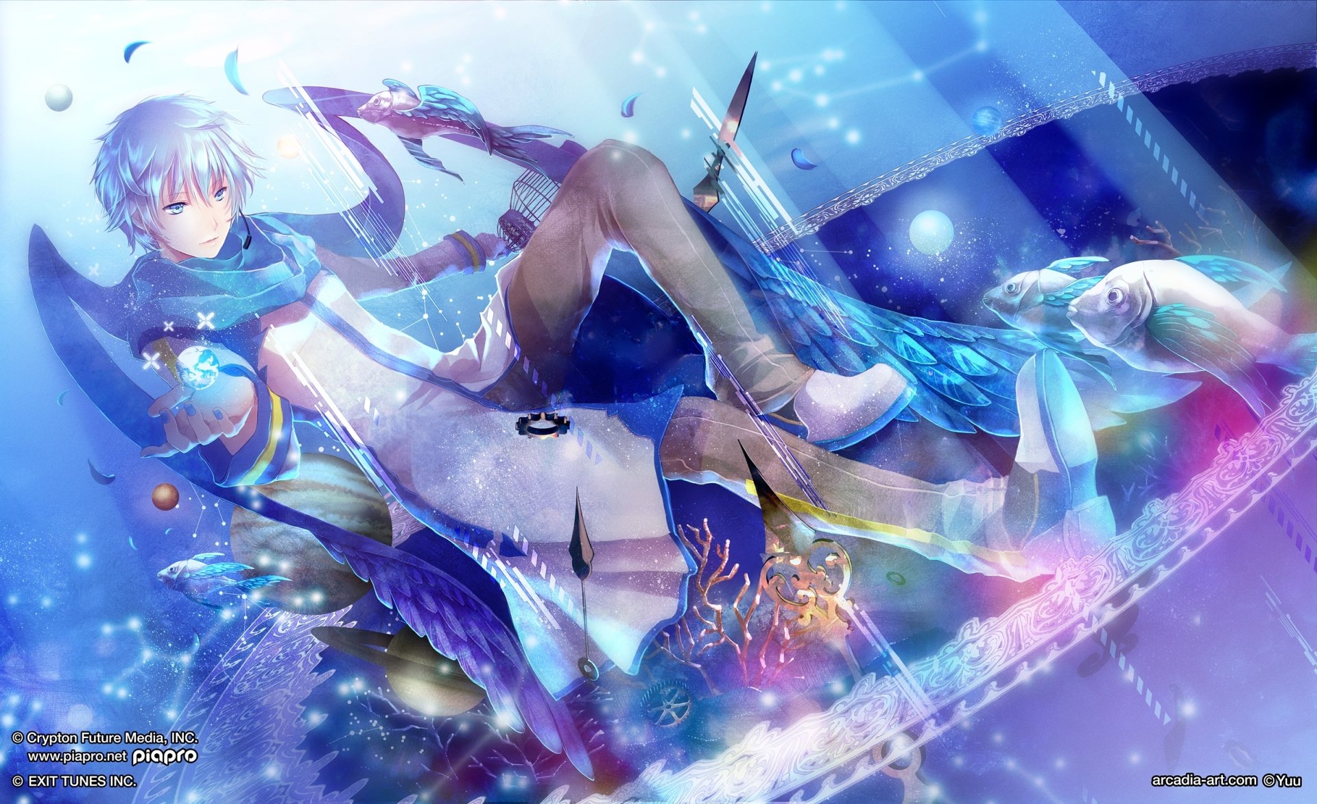 HD desktop wallpaper featuring Kaito from Vocaloid. The image showcases anime-style art with vibrant, colorful details, depicting Kaito floating in a surreal, aquatic-themed setting.